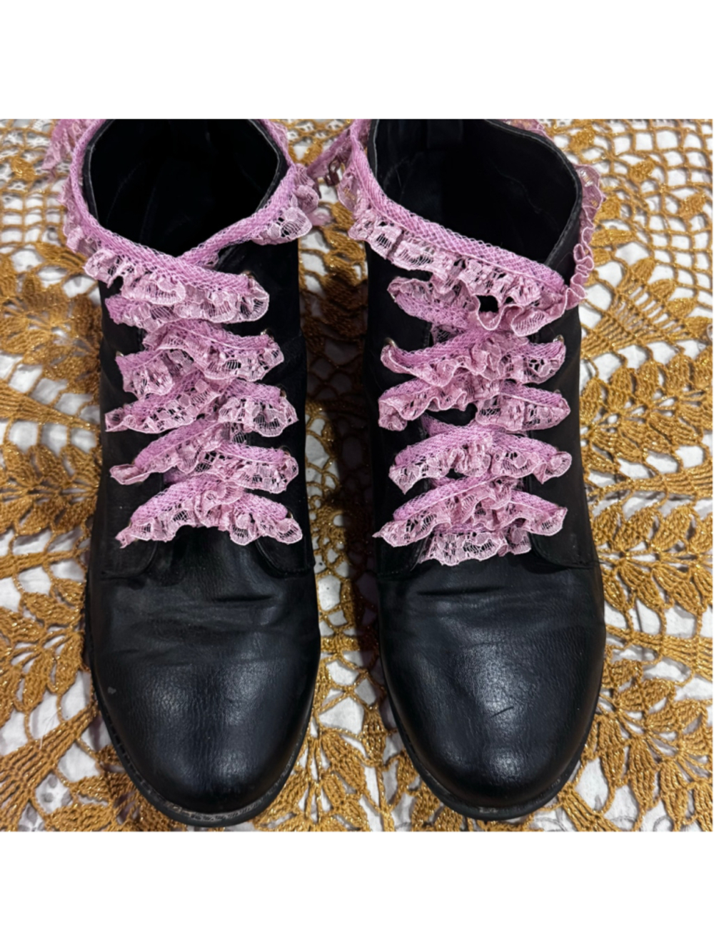 Vintage Candies Black Lace-Up Boots with Pink Ruffle Detail, Size 9